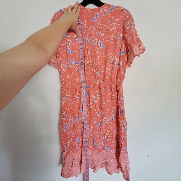 DR2 Coral Pink Floral Faux Wrap Flutter Short Sleeve V Neck Midi Dress Sz Medium - Picture 6 of 12